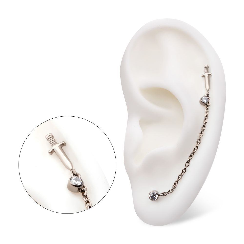 Titanium Threadless Dagger & Duo Bezel Round CZ with Rolo Chain Dangle Tops