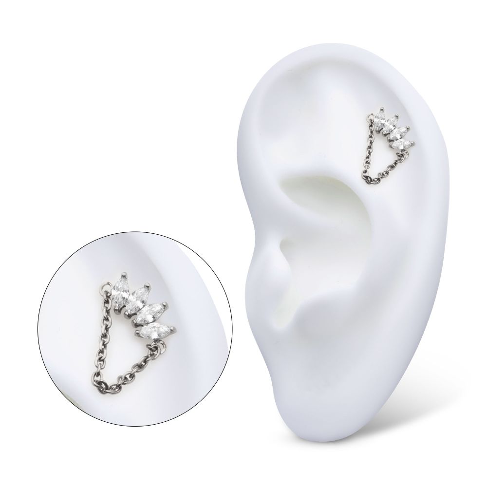 Titanium Threadless 4-Cluster Marquise AAA CZ Top with Dangle Chain