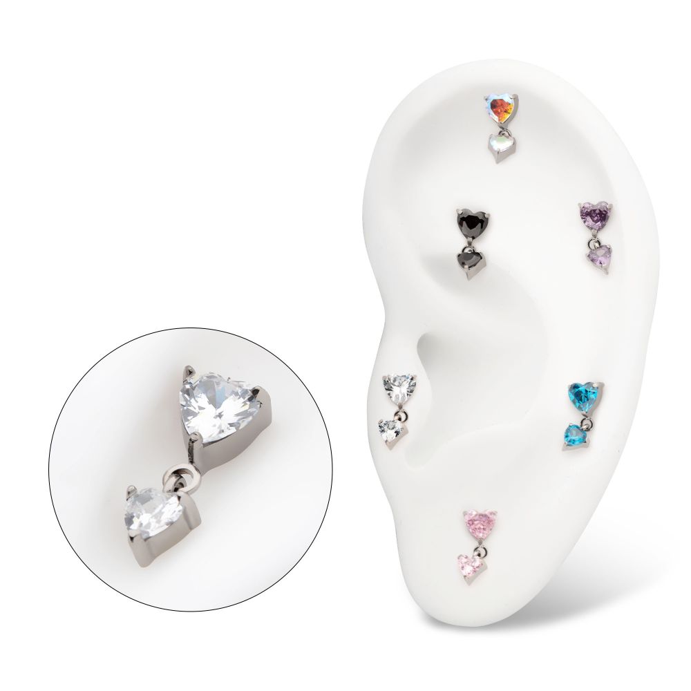 Titanium Threadless Prong Set Double Heart Gem Dangle Top