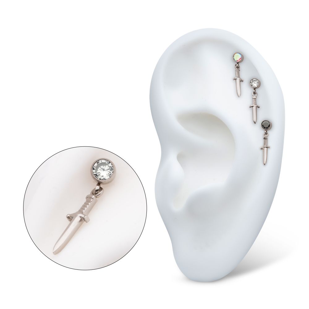 Titanium Threadless Bezel Round CZ Dangle Dagger Top