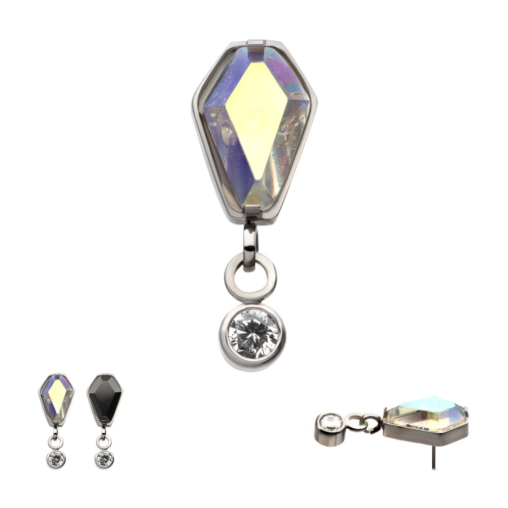 Titanium Threadless Dangle Bezel Round & Coffin CZ Top
