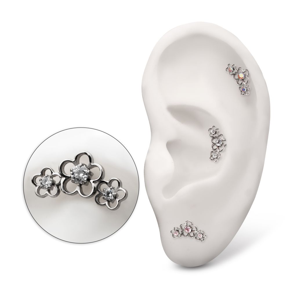 Titanium Threadless Triple Cut Out Cherry Blossom Flower Top with Prong Set Gem