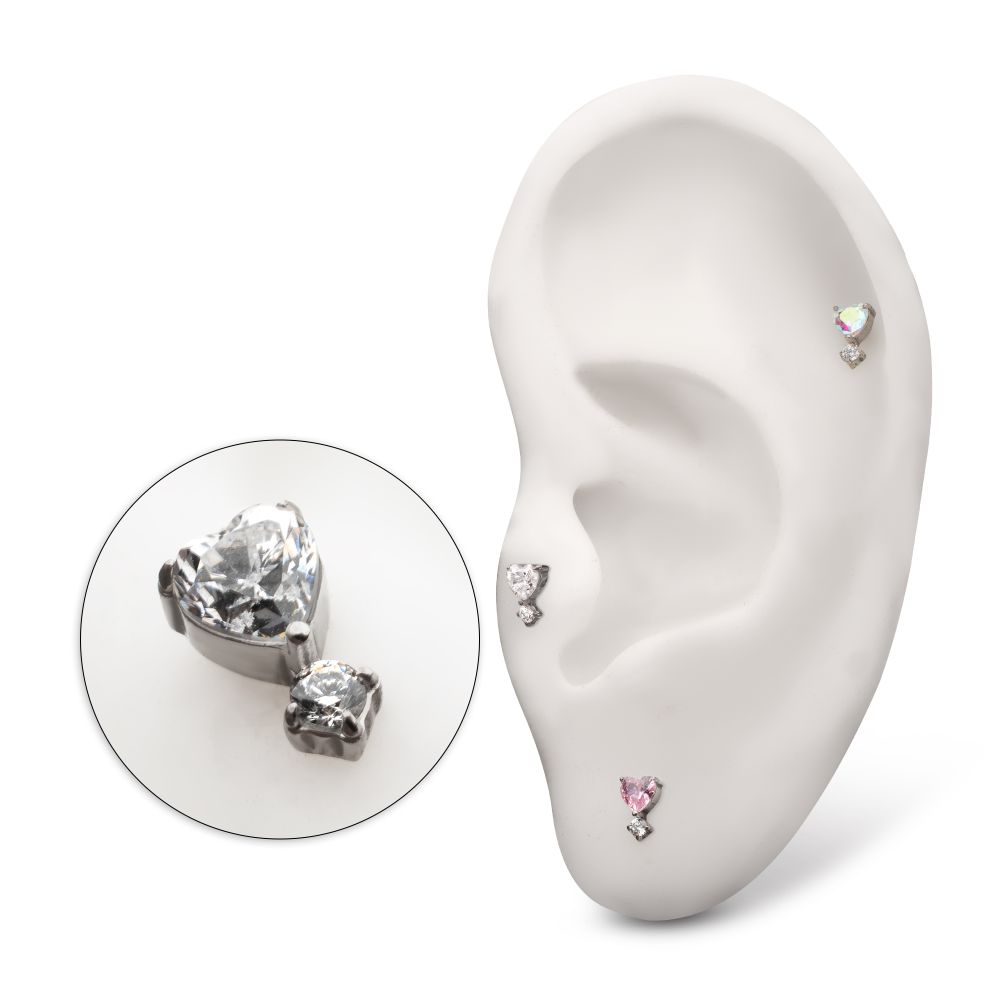 Titanium Threadless Prong Set Heart Top with Clear Round Gem