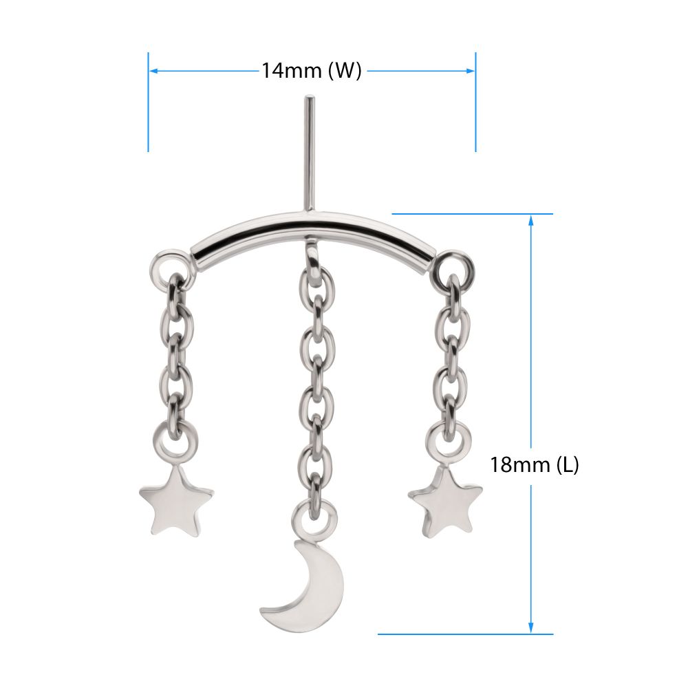 Titanium Threadless Hidden Helix Curved Bar Top with Crescent Moon and Star 3-Chain Dangle