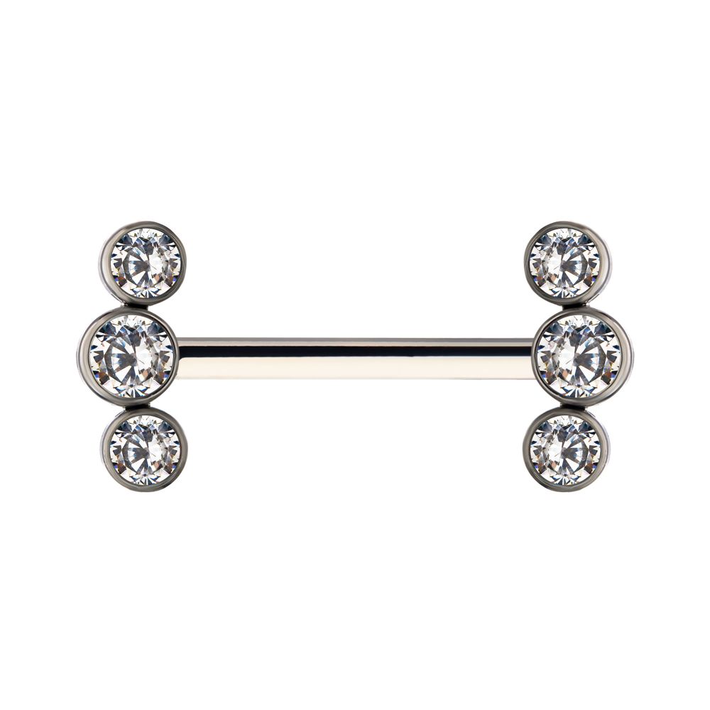 Titanium with One Side Fixed & One Side Threadless Nipple Barbell with Bezel Set CZ 3-Cluster Ends