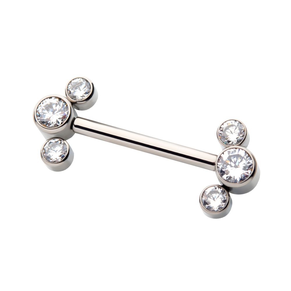 Titanium with One Side Fixed & One Side Threadless Nipple Barbell with Bezel Set CZ 3-Cluster Ends