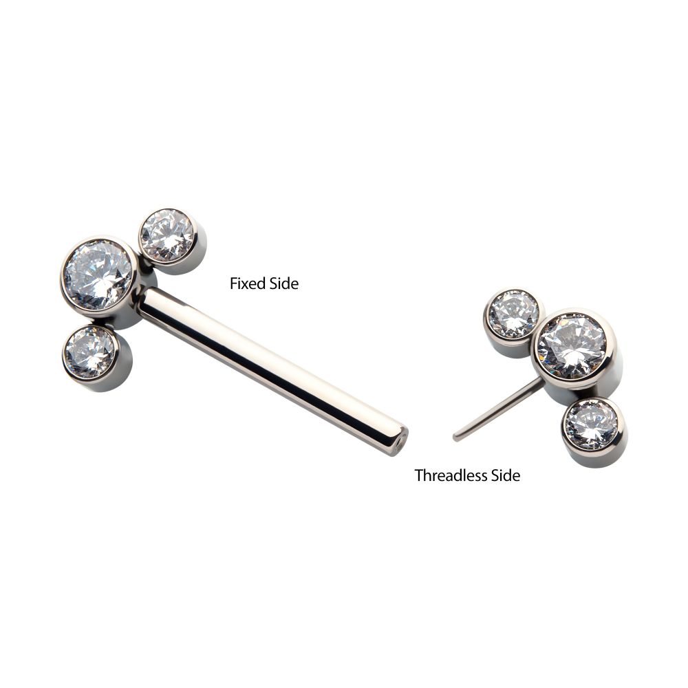 Titanium with One Side Fixed & One Side Threadless Nipple Barbell with Bezel Set CZ 3-Cluster Ends