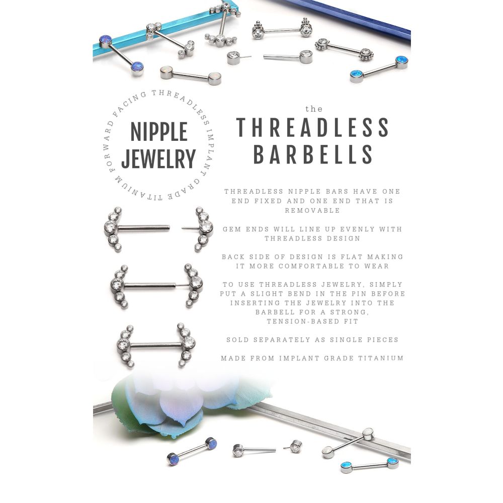 Titanium with One Side Fixed & One Side Threadless Nipple Barbell with Trio Beads & Bezel Set CZ 3-Cluster Ends
