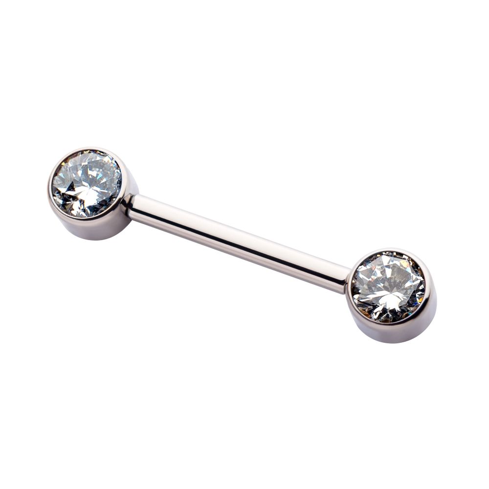 Titanium with One Side Fixed & One Side Threadless Nipple Barbell with Bezel Set CZ/Opal Ends