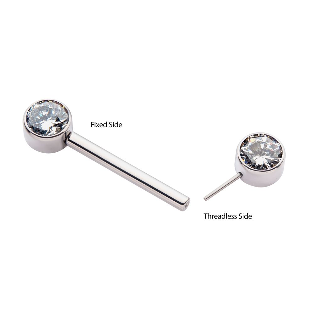 Titanium with One Side Fixed & One Side Threadless Nipple Barbell with Bezel Set CZ/Opal Ends