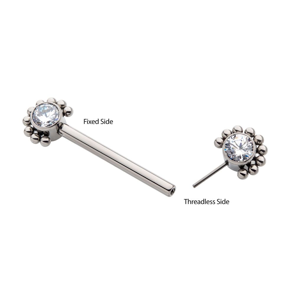 Titanium with One Side Fixed & One Side Threadless Nipple Barbell with Clustered Beads & Bezel Set CZ Ends