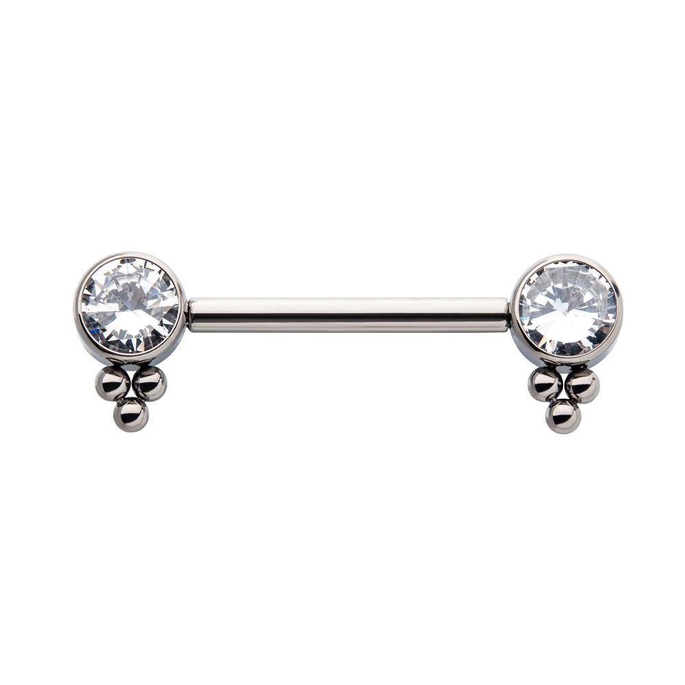 Titanium with One Side Fixed & One Side Threadless Nipple Barbell with Trio Bead & Bezel Set CZ Ends