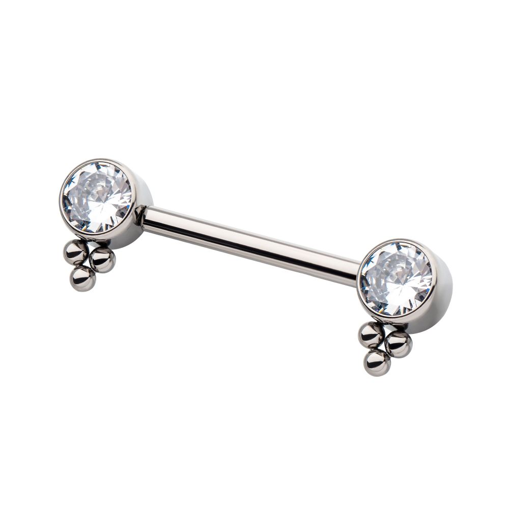 Titanium with One Side Fixed & One Side Threadless Nipple Barbell with Trio Bead & Bezel Set CZ Ends