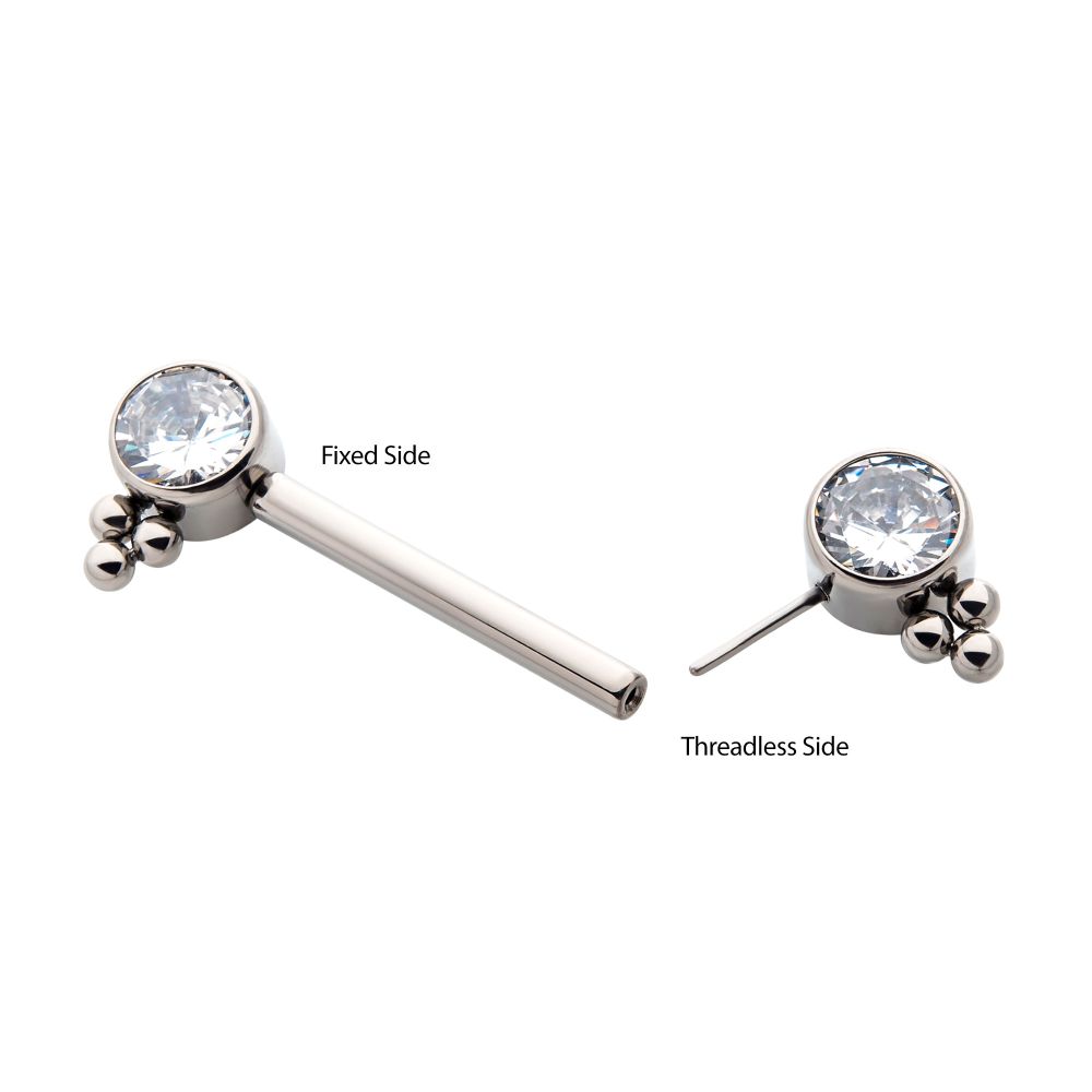 Titanium with One Side Fixed & One Side Threadless Nipple Barbell with Trio Bead & Bezel Set CZ Ends