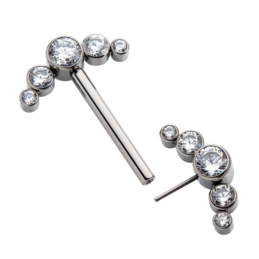 Titanium with One Side Fixed & One Side Threadless Nipple Barbell with Bezel Set CZ 5-Cluster Ends