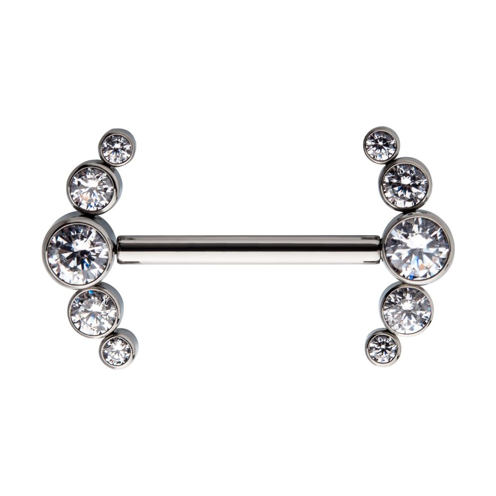 Titanium with One Side Fixed & One Side Threadless Nipple Barbell with Bezel Set CZ 5-Cluster Ends
