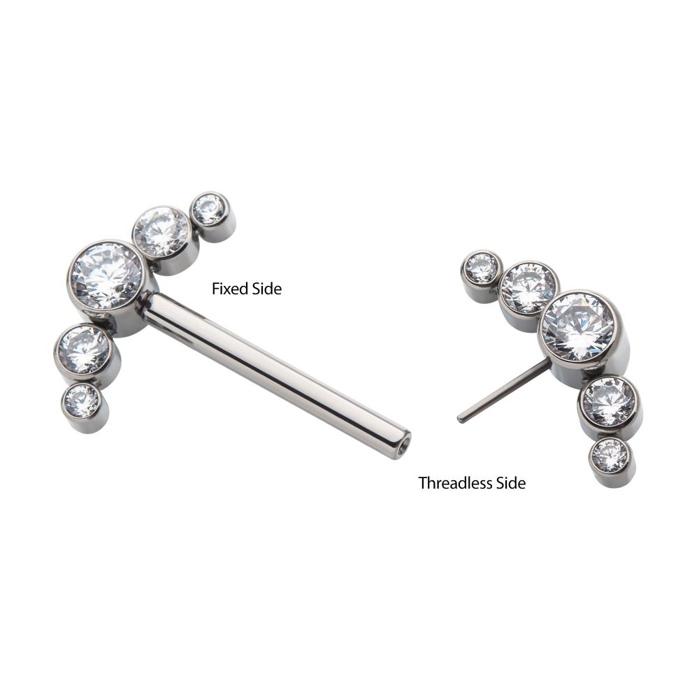 Titanium with One Side Fixed & One Side Threadless Nipple Barbell with Bezel Set CZ 5-Cluster Ends