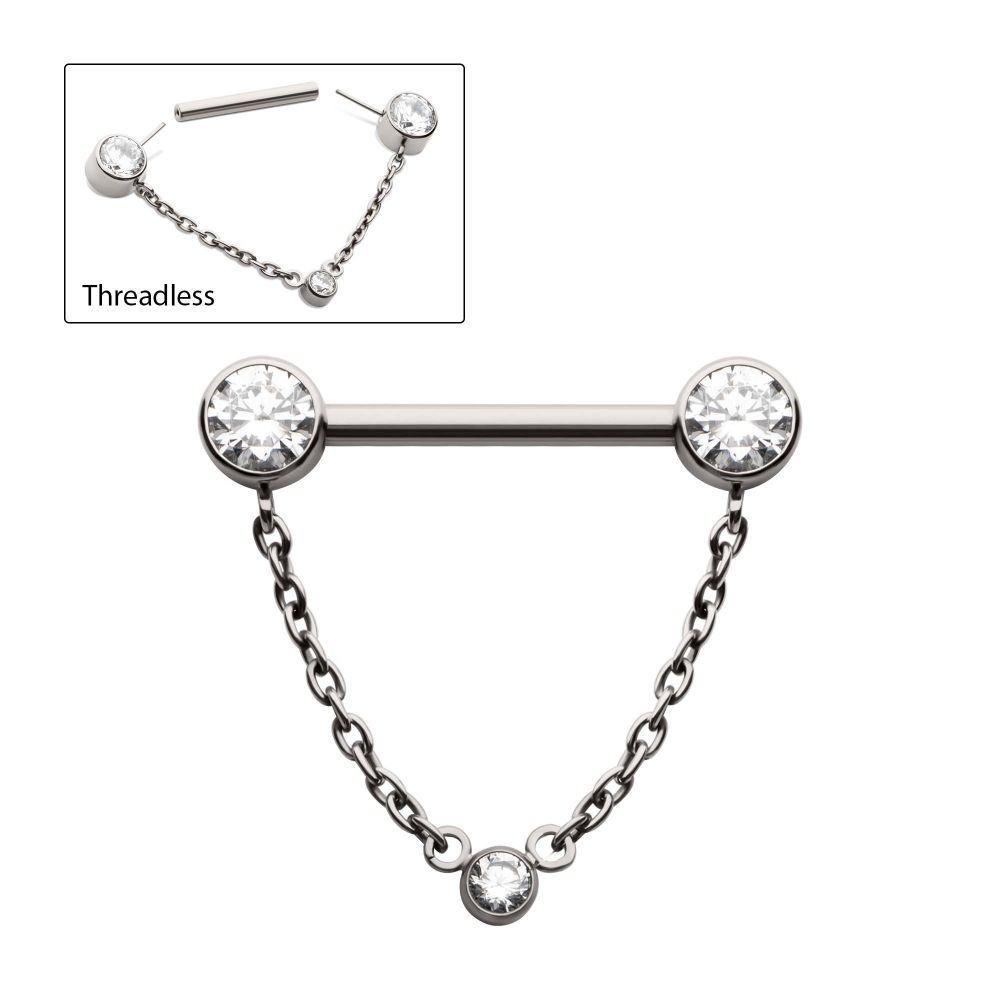 Titanium Threadless Bezel Round CZ Nipple Barbell with Dangle Chain | Sold by piece