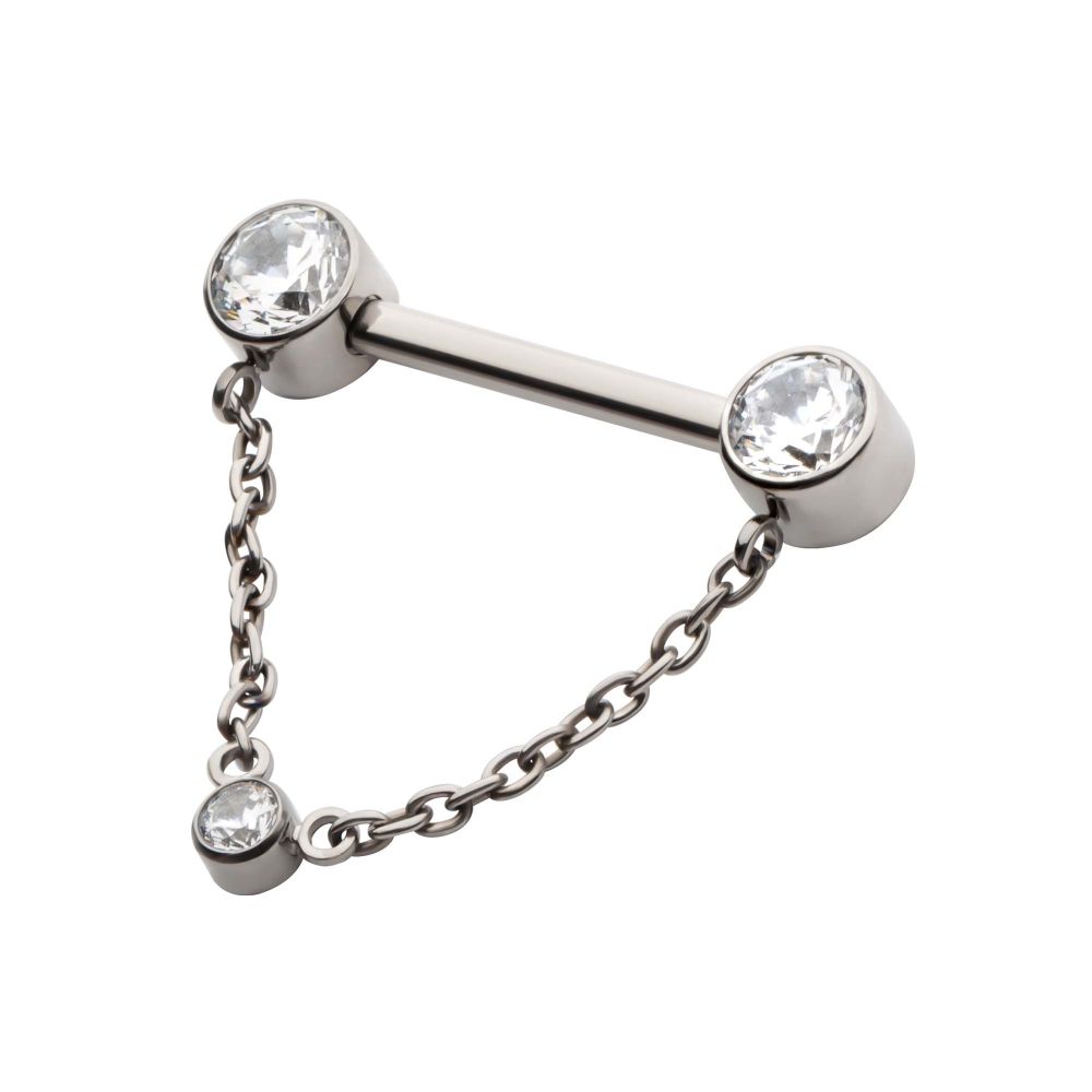 Titanium Threadless Bezel Round CZ Nipple Barbell with Dangle Chain | Sold by piece