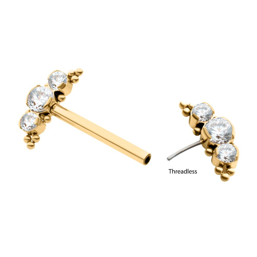 24Kt Gold PVD Titanium Beads and Semi-Bezel Set Round Gem/Opal
3-Cluster Ends Nipple Barbell
(One Side Fixed, One Side Threadless ) | Sold by piece