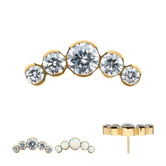 sterilized 24Kt Gold PVD Titanium Threadless Semi-Bezel Set Round Gem/Opal 5-Cluster Top