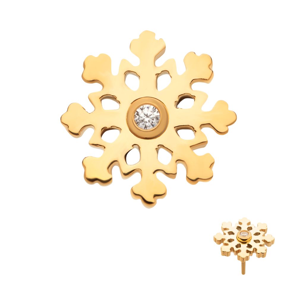 24Kt Gold PVD Titanium Threadless Bezel Set Clear CZ Snowflake Top