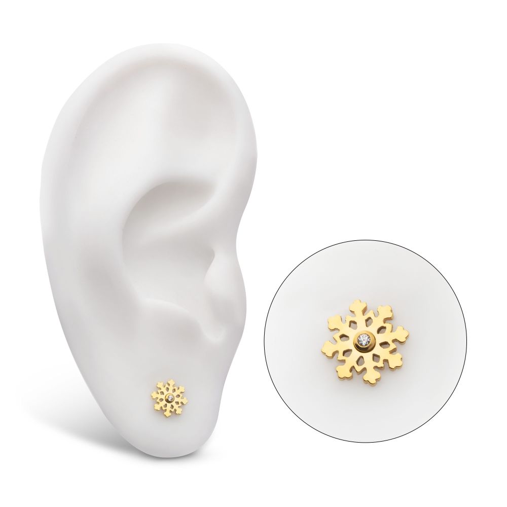 24Kt Gold PVD Titanium Threadless Bezel Set Clear CZ Snowflake Top