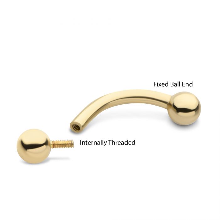 14Kt Yellow Gold Curved Barbell with One Side Internally Threaded and One Side Fixed Ball End