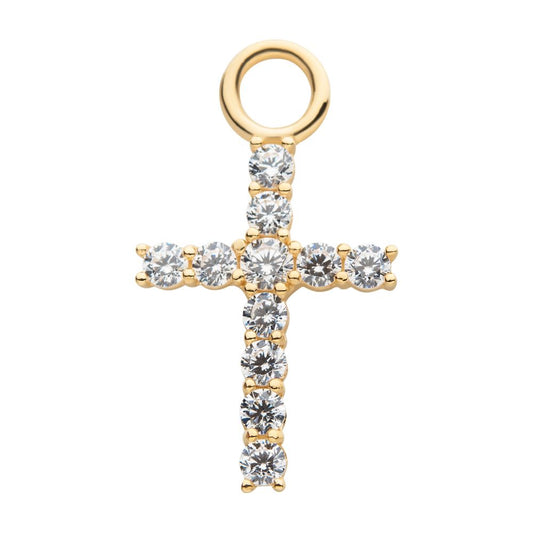 14Kt Yellow Gold Cross with Prong Set Round 11 Clear CZ Charm