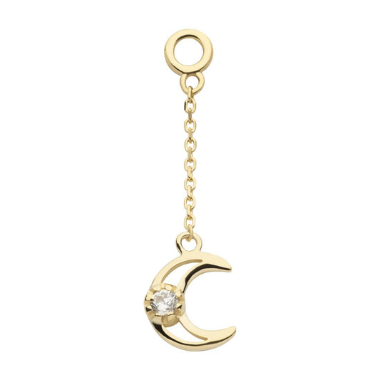 14Kt Yellow Gold Round CZ Crescent Moon Dangle Charm with 10mm Chain