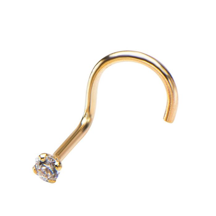 14kt Gold Nose Screw with a 2mm Prong Set Clear CZ Gem Top