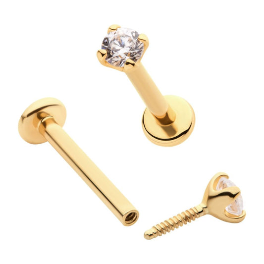 14Kt-Yellow Gold Internally Threaded with Clear CZ Top & 3mm Base Labret
