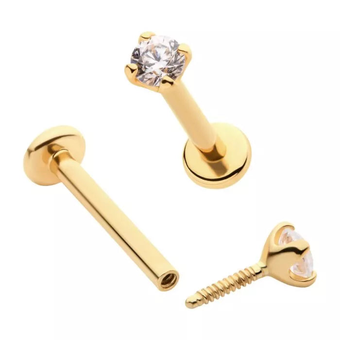 14Kt Yellow Gold Internally Threaded with Clear CZ Top & 3mm Base Labret