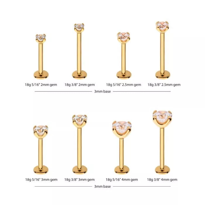 14Kt Yellow Gold Internally Threaded with Clear CZ Top & 3mm Base Labret