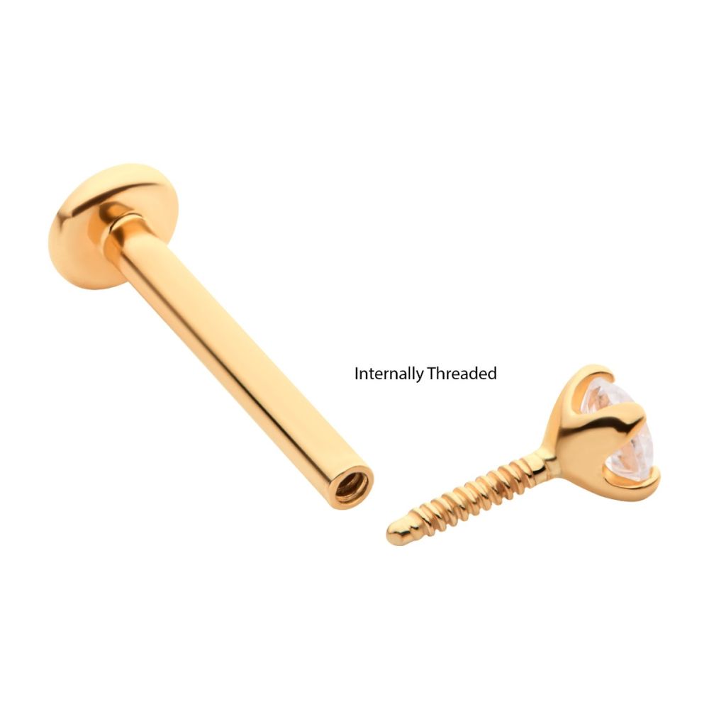 14Kt-Yellow Gold Internally Threaded with Clear CZ Top & 3mm Base Labret