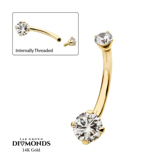 14Kt Gold Internally Threaded Double Round 4-Prong Clear Lab-Grown Diamonds Fixed Bottom Navel