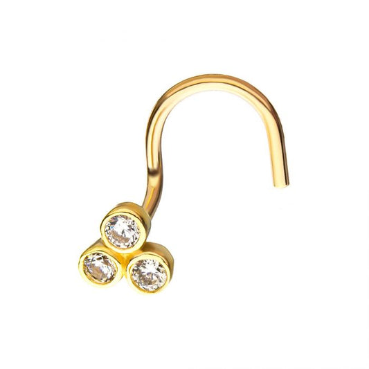 14Kt Yellow Gold Bezel Round CZ Trinity Nose Screw