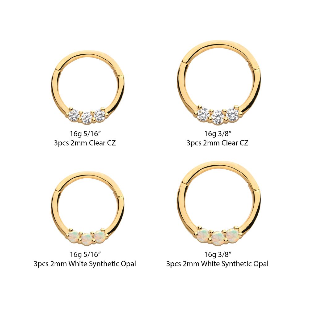 14Kt Yellow Gold with Prong Set Clear CZ/White Synthetic Opal 3-Cluster Front Facing Hinged Segment Clicker