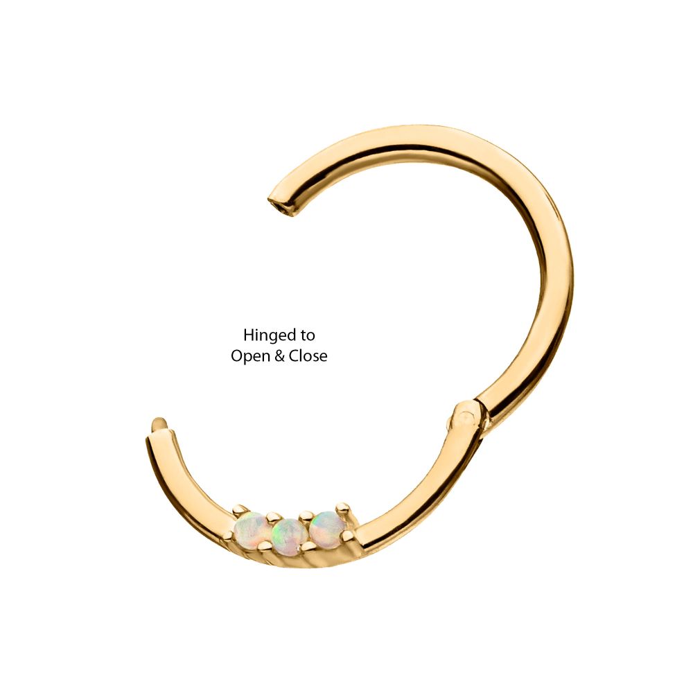14Kt Yellow Gold with Prong Set Clear CZ/White Synthetic Opal 3-Cluster Front Facing Hinged Segment Clicker