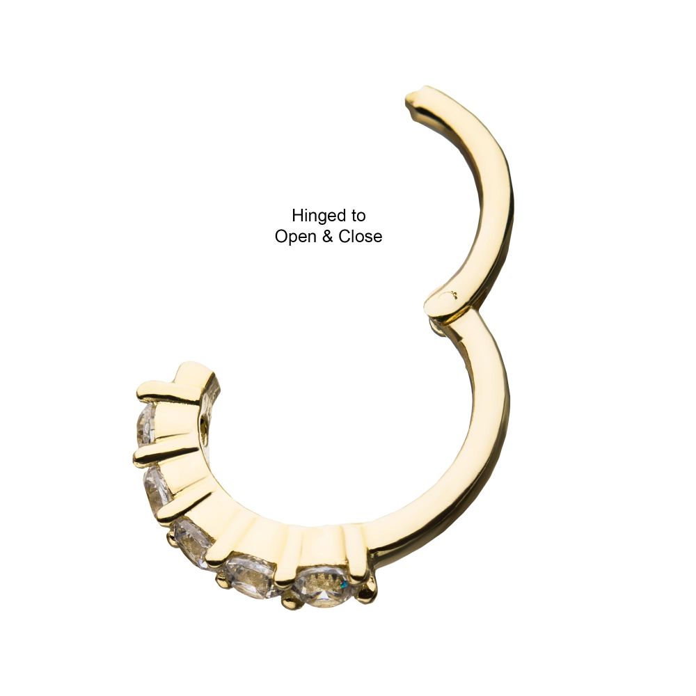 14Kt Gold Prong Set 5-Clear CZ Gem on Top Hinged Segment Clicker