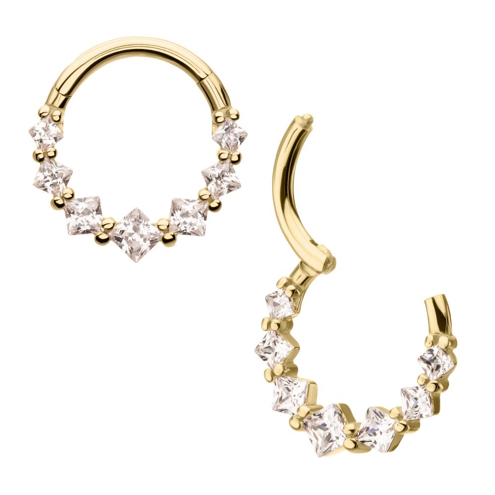 14Kt Yellow Gold Prong Set Princess Gem Cluster Front Facing Hinged Segment Clicker