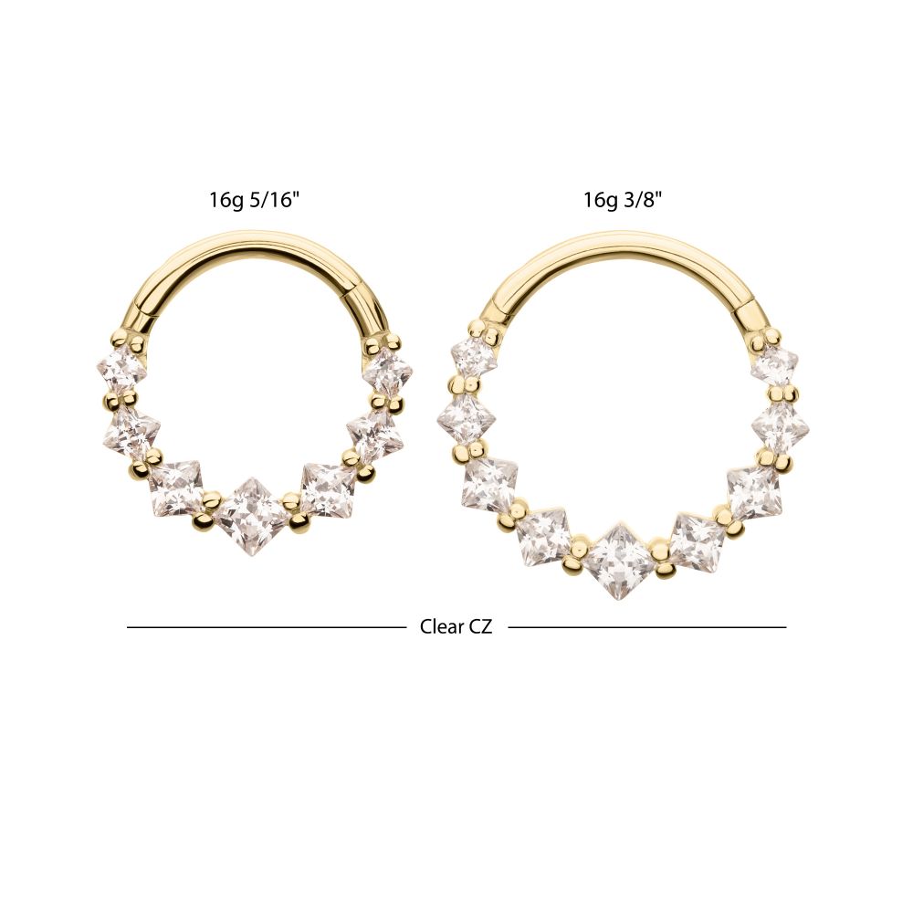 14Kt Yellow Gold Prong Set Princess Gem Cluster Front Facing Hinged Segment Clicker