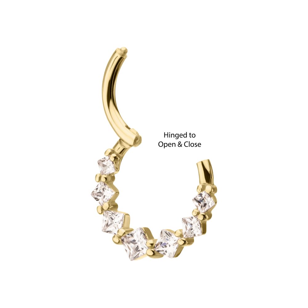 14Kt Yellow Gold Prong Set Princess Gem Cluster Front Facing Hinged Segment Clicker