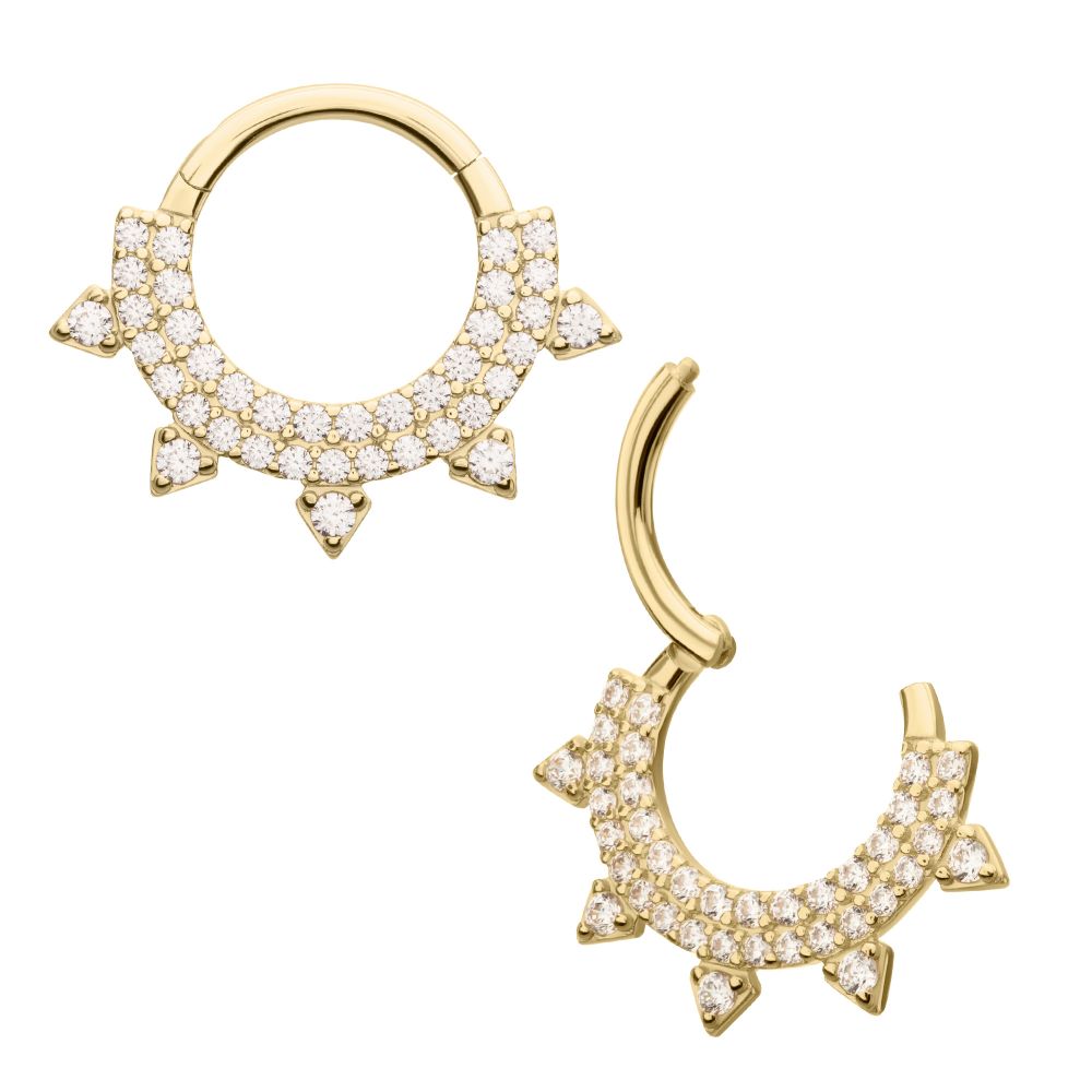 14Kt Yellow Gold Double Row Pave Gem with Spike Front Facing Hinged Segment Clicker