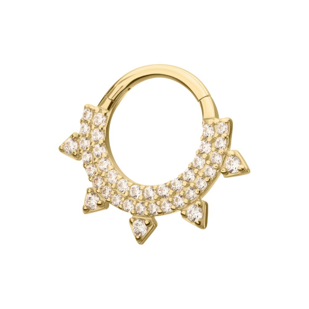 14Kt Yellow Gold Double Row Pave Gem with Spike Front Facing Hinged Segment Clicker