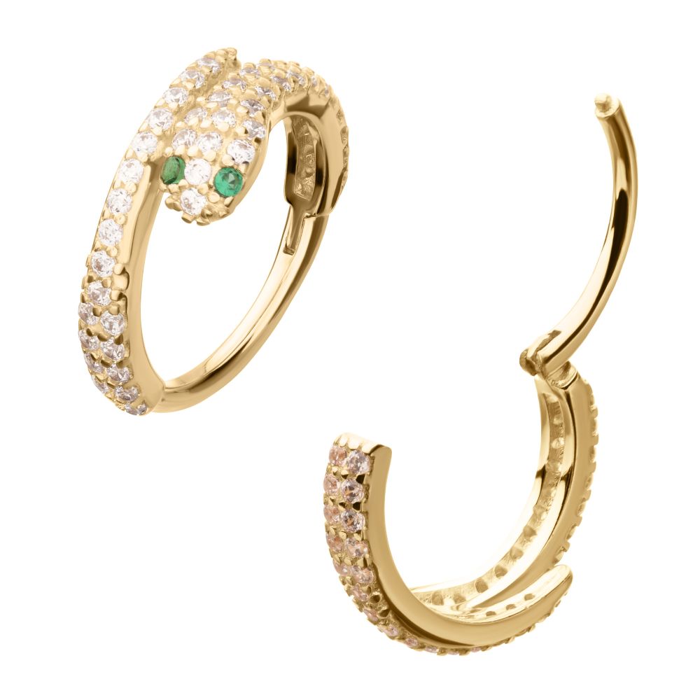 14Kt Yellow Gold Pave Gem with Emerald-Eye Snake Side Facing Hinged Segment Clicker