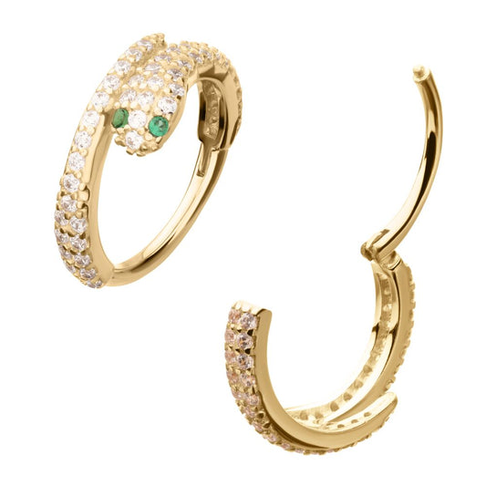 14Kt Yellow Gold Pave Gem with Emerald-Eye Snake Side Facing Hinged Segment Clicker