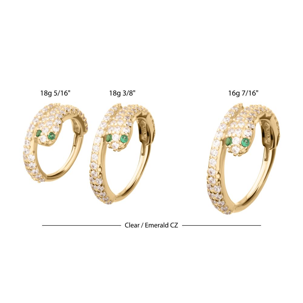 14Kt Yellow Gold Pave Gem with Emerald-Eye Snake Side Facing Hinged Segment Clicker