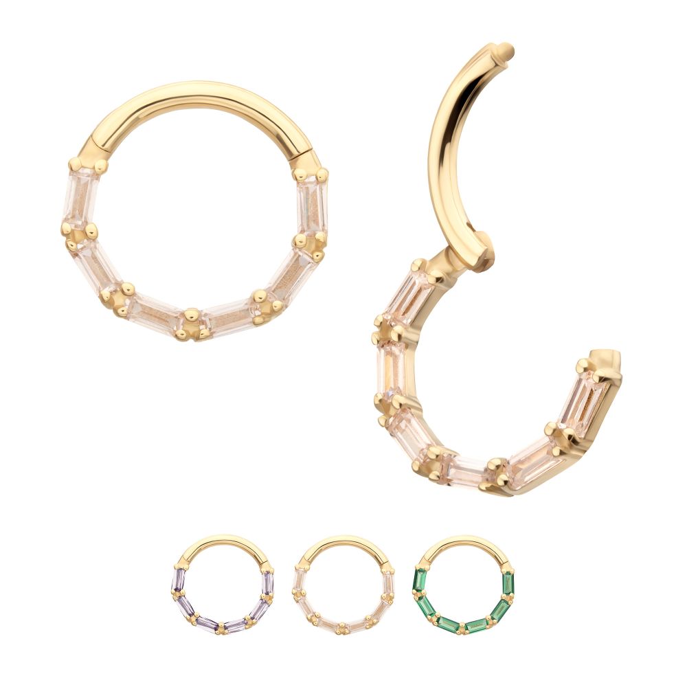 14Kt Yellow Gold 6-Cluster Baguette Prong Gem Front Facing Hinged Segment Clicker