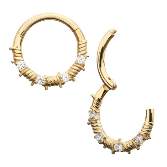 14Kt Yellow Gold Barbed Wire Wrap with Prong Set Gem Front Facing Hinged Segment Clicker